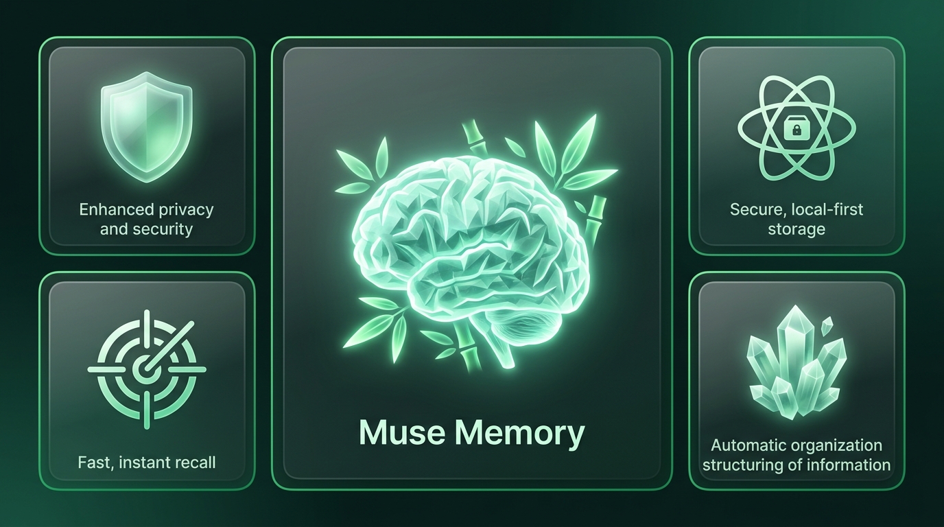 Bento-style Muse Memory artwork with privacy, recall, structure, and local storage motifs.